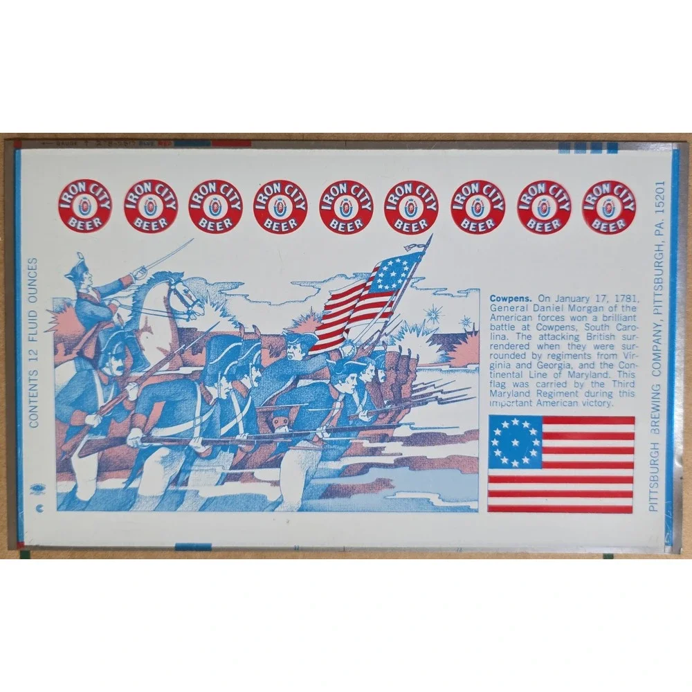 Pittsburgh Brewing Iron City Beer flat unrolled beer Can Revolutionary War Scene